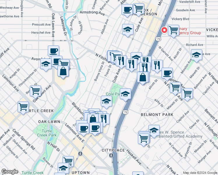 map of restaurants, bars, coffee shops, grocery stores, and more near 3205 Elizabeth Street in Dallas