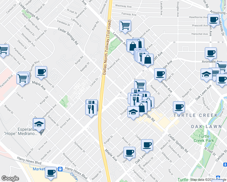 map of restaurants, bars, coffee shops, grocery stores, and more near 4420 Dickason Avenue in Dallas