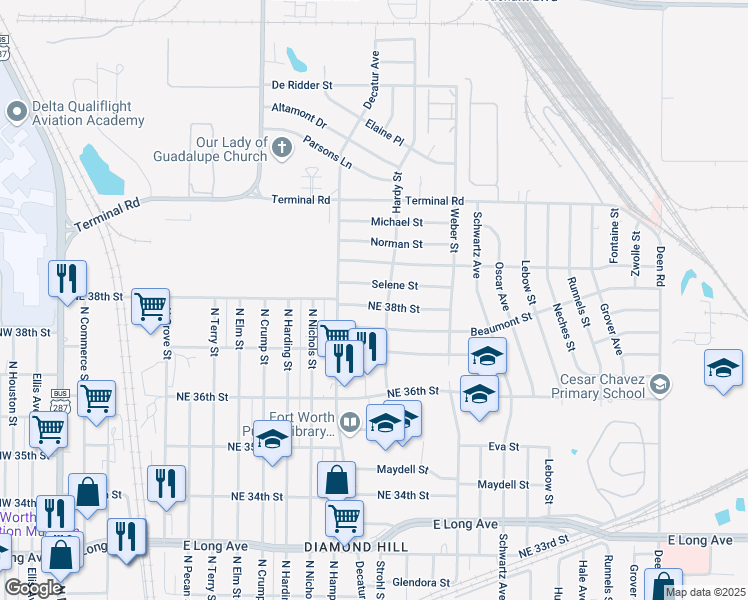 map of restaurants, bars, coffee shops, grocery stores, and more near 1409 Northeast 38th Street in Fort Worth