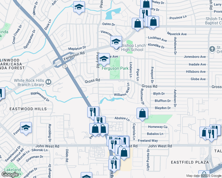 map of restaurants, bars, coffee shops, grocery stores, and more near 1842 Wonderlight Lane in Dallas