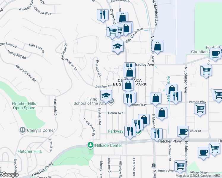 map of restaurants, bars, coffee shops, grocery stores, and more near 1384 Dove Street in El Cajon