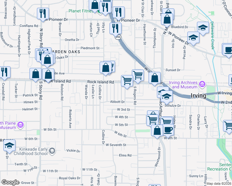 map of restaurants, bars, coffee shops, grocery stores, and more near 126 Bowman Street in Irving