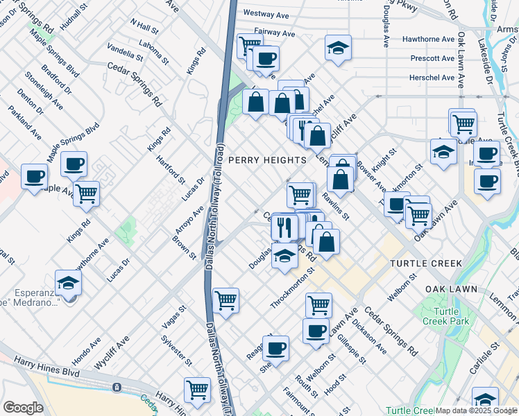map of restaurants, bars, coffee shops, grocery stores, and more near Wycliff Ave & Cedar Springs Rd in Dallas