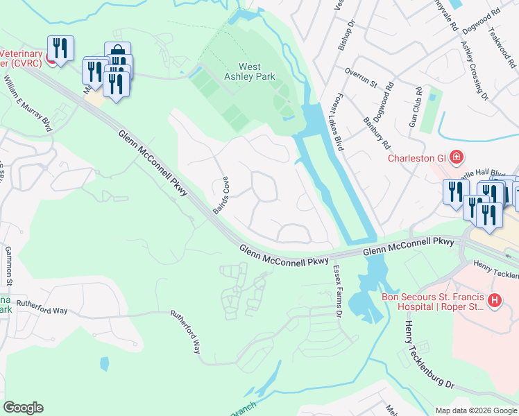 map of restaurants, bars, coffee shops, grocery stores, and more near 1578 Wabeek Way in Charleston