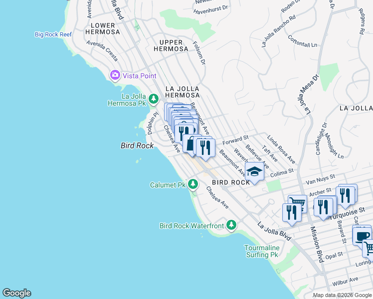 map of restaurants, bars, coffee shops, grocery stores, and more near 5604 La Jolla Boulevard in San Diego