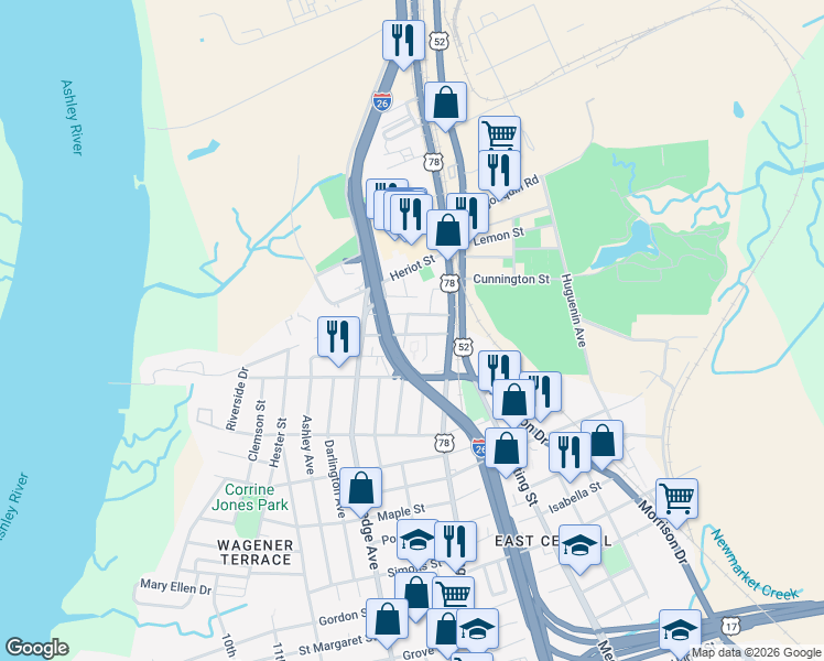 map of restaurants, bars, coffee shops, grocery stores, and more near 1326 Cottonwood Street in Charleston