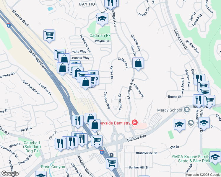 map of restaurants, bars, coffee shops, grocery stores, and more near 4048 Raffee Drive in San Diego