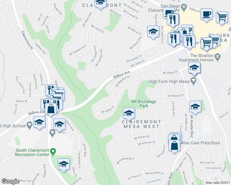 map of restaurants, bars, coffee shops, grocery stores, and more near 4615 Mount Bigelow Drive in San Diego
