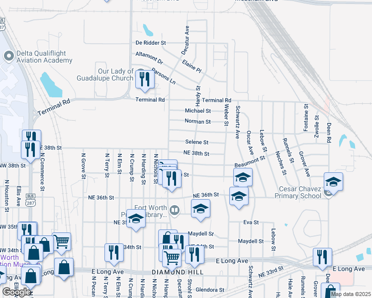 map of restaurants, bars, coffee shops, grocery stores, and more near 1409 Northeast 38th Street in Fort Worth