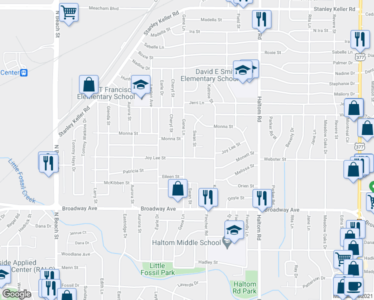 map of restaurants, bars, coffee shops, grocery stores, and more near 3508 Gene Ln in Fort Worth