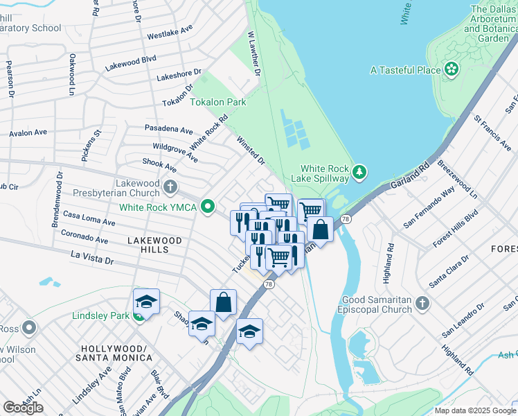 map of restaurants, bars, coffee shops, grocery stores, and more near 2424 Connecticut Lane in Dallas