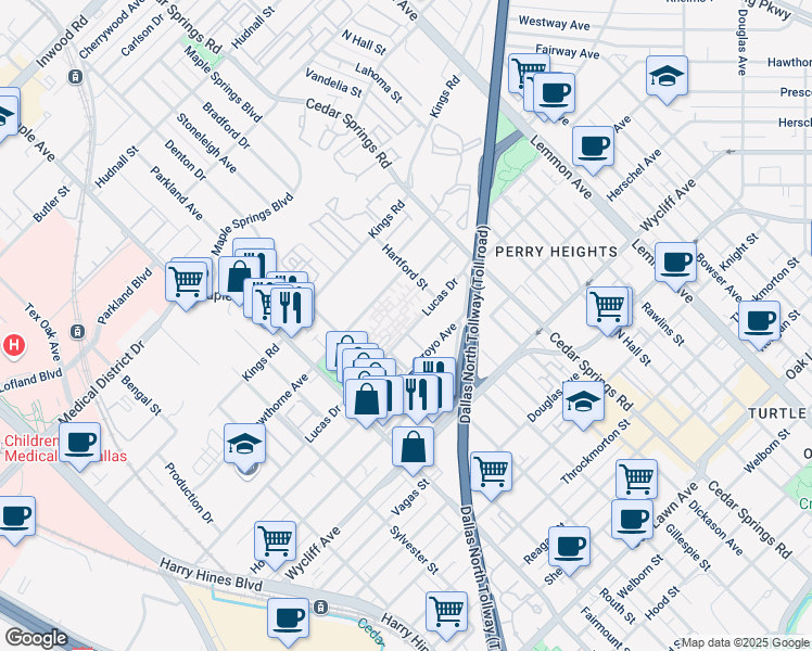 map of restaurants, bars, coffee shops, grocery stores, and more near 2807 Lucas Drive in Dallas