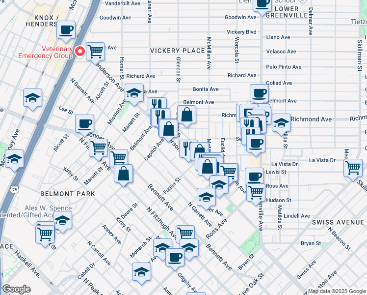 map of restaurants, bars, coffee shops, grocery stores, and more near 2212 North Henderson Avenue in Dallas