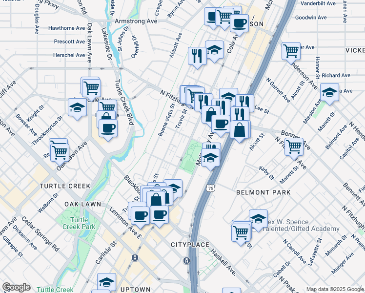 map of restaurants, bars, coffee shops, grocery stores, and more near 3205 Elizabeth Street in Dallas