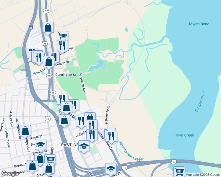 map of restaurants, bars, coffee shops, grocery stores, and more near 122 North Romney Street in Charleston