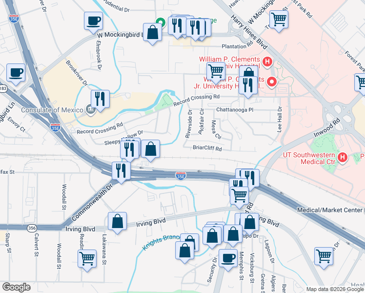 map of restaurants, bars, coffee shops, grocery stores, and more near 5507 Riverside Drive in Dallas