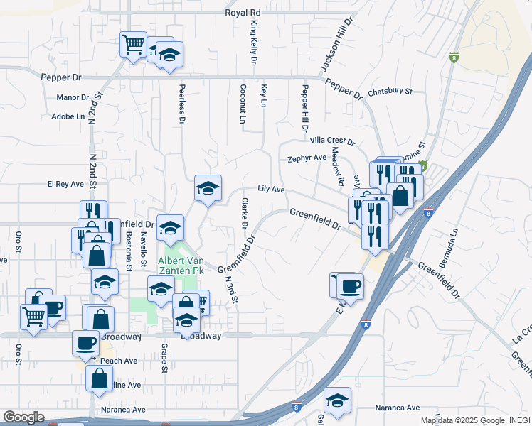map of restaurants, bars, coffee shops, grocery stores, and more near 1576 Greenfield Drive in El Cajon