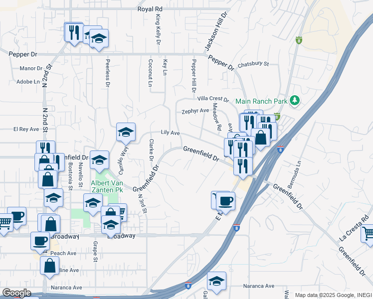 map of restaurants, bars, coffee shops, grocery stores, and more near 1593b Greenfield Drive in El Cajon