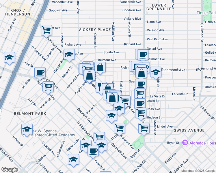 map of restaurants, bars, coffee shops, grocery stores, and more near 2110 Madera Street in Dallas