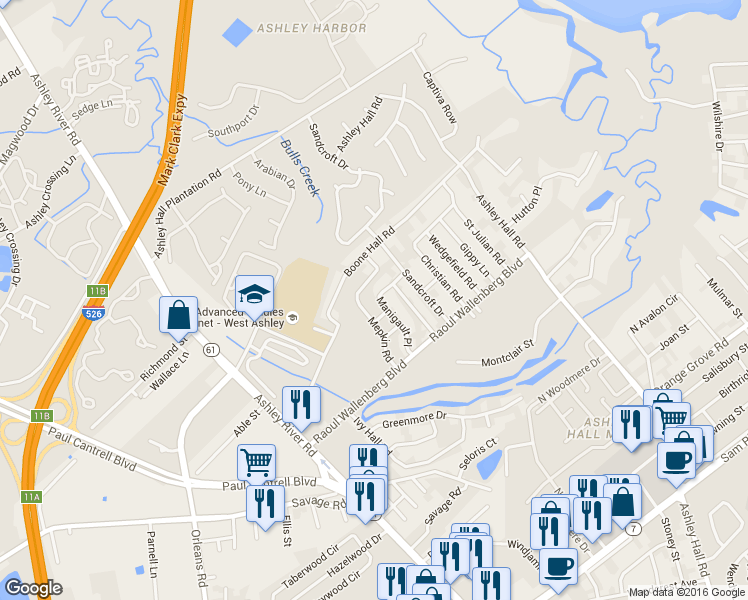 map of restaurants, bars, coffee shops, grocery stores, and more near 1852 Manigault Place in Charleston