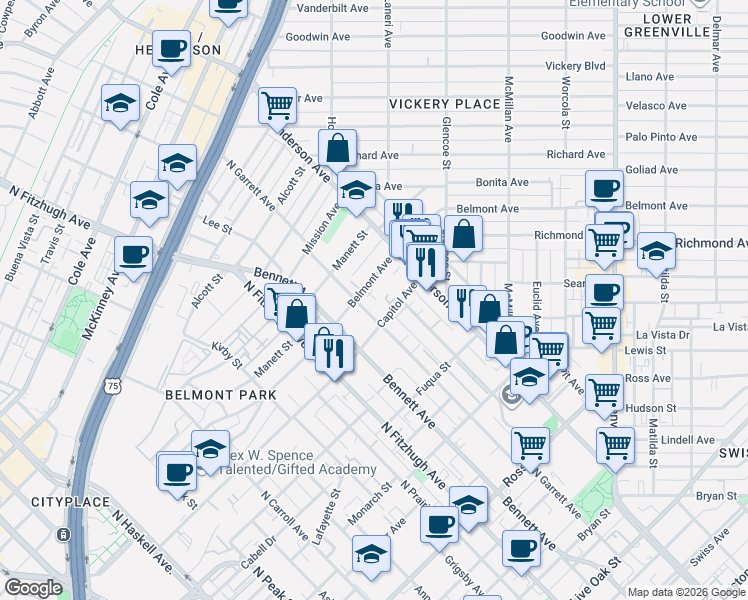map of restaurants, bars, coffee shops, grocery stores, and more near 2433 Thatcher Drive in Dallas