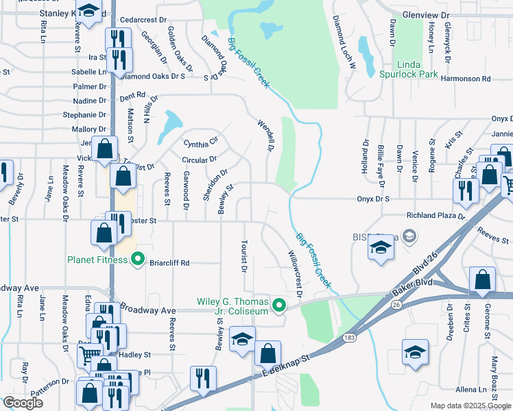 map of restaurants, bars, coffee shops, grocery stores, and more near 3512 Tourist Dr in Fort Worth