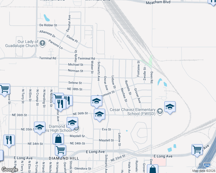 map of restaurants, bars, coffee shops, grocery stores, and more near 3866 Oscar Avenue in Fort Worth