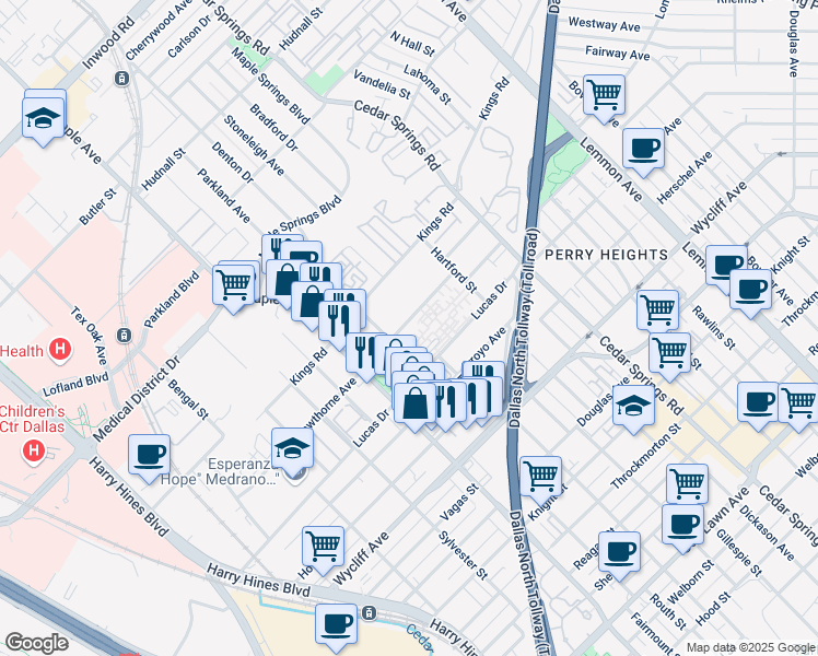map of restaurants, bars, coffee shops, grocery stores, and more near 2626 Hawthorne Avenue in Dallas