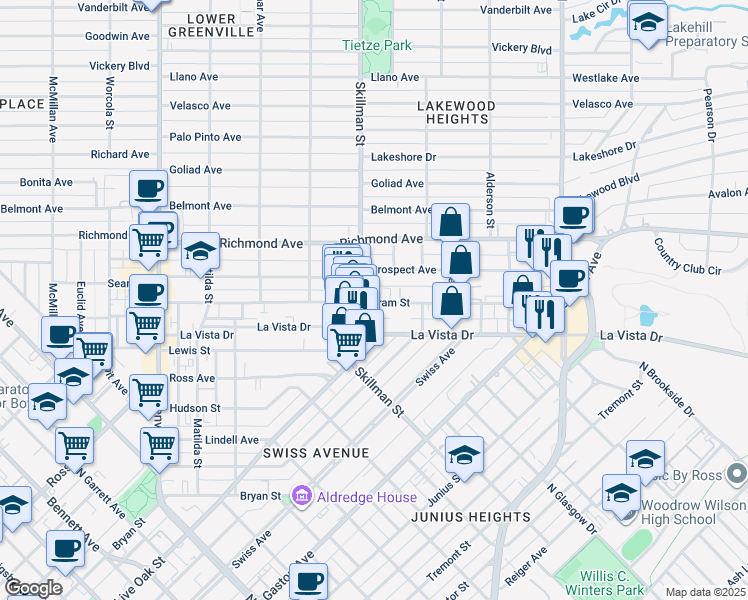 map of restaurants, bars, coffee shops, grocery stores, and more near 6123 Oram Street in Dallas