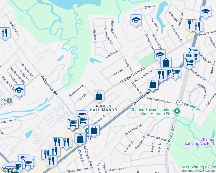 map of restaurants, bars, coffee shops, grocery stores, and more near 1708 Orange Grove Shores Drive in Charleston