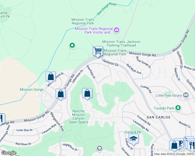 map of restaurants, bars, coffee shops, grocery stores, and more near 6815 Deer Hollow Place in San Diego