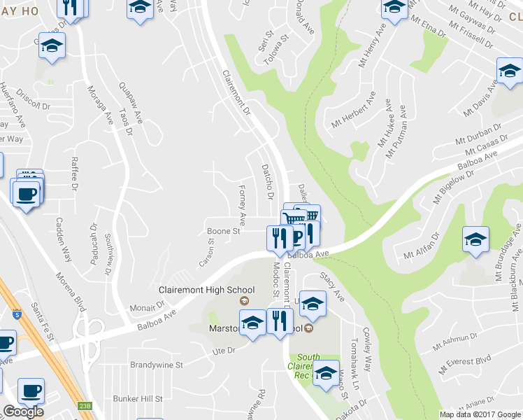 map of restaurants, bars, coffee shops, grocery stores, and more near 4009 Epanow Ave in San Diego