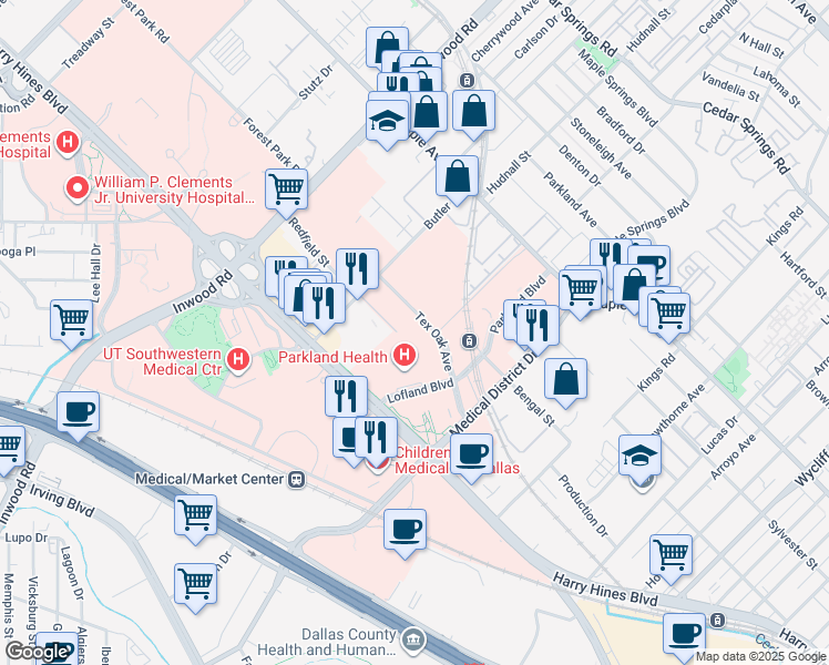 map of restaurants, bars, coffee shops, grocery stores, and more near 5222 Redfield Street in Dallas