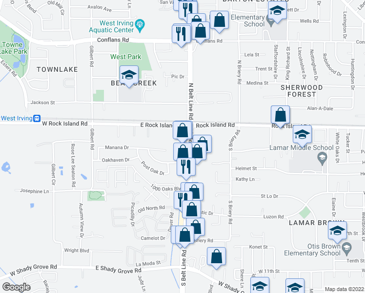 map of restaurants, bars, coffee shops, grocery stores, and more near 201 South Belt Line Road in Irving