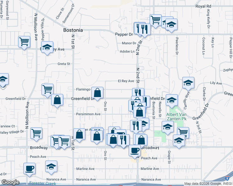 map of restaurants, bars, coffee shops, grocery stores, and more near 1247 Flamingo Avenue in El Cajon