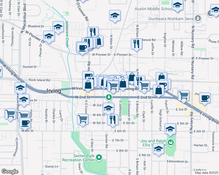 map of restaurants, bars, coffee shops, grocery stores, and more near 117 West Irving Boulevard in Irving