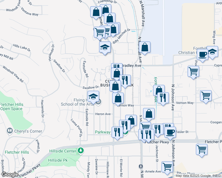 map of restaurants, bars, coffee shops, grocery stores, and more near 1387 Bluebird Street in El Cajon