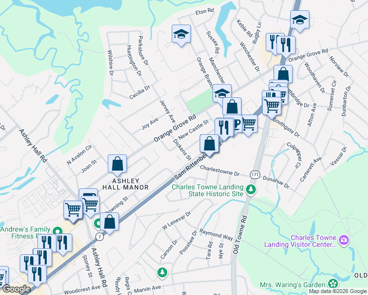 map of restaurants, bars, coffee shops, grocery stores, and more near 1340 Coleridge Street in Charleston