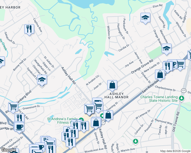 map of restaurants, bars, coffee shops, grocery stores, and more near 1524 North Avalon Circle in Charleston
