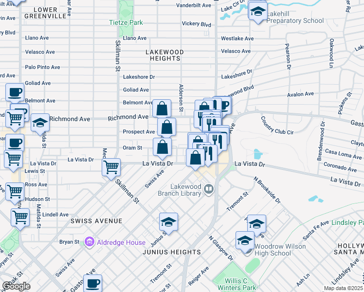 map of restaurants, bars, coffee shops, grocery stores, and more near 6269 Oram Street in Dallas