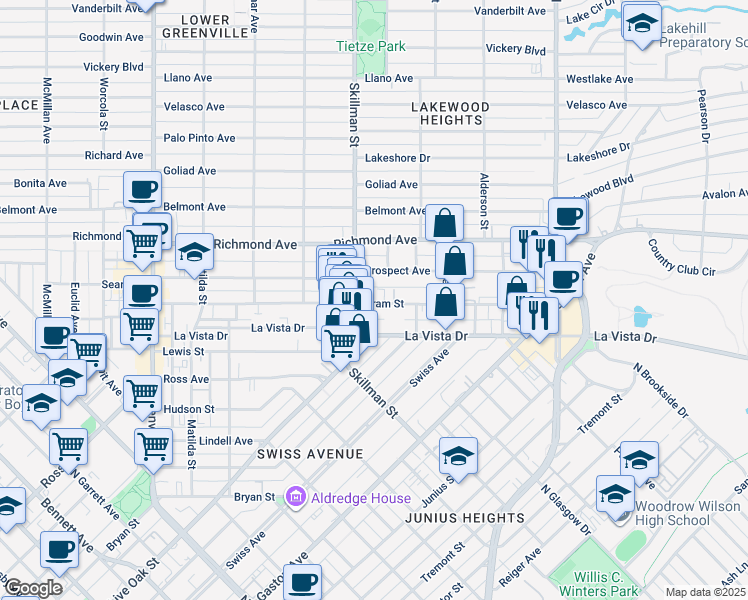 map of restaurants, bars, coffee shops, grocery stores, and more near 6123 Oram Street in Dallas