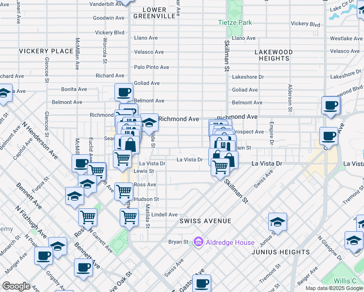 map of restaurants, bars, coffee shops, grocery stores, and more near 5923A Oram Street in Dallas