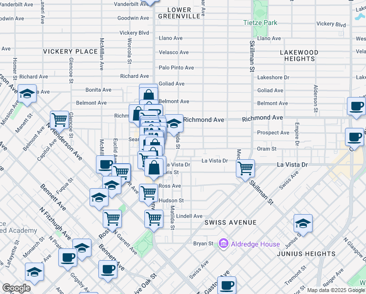 map of restaurants, bars, coffee shops, grocery stores, and more near 2002 Matilda Street in Dallas