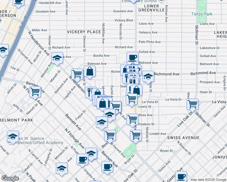 map of restaurants, bars, coffee shops, grocery stores, and more near 1917 Euclid Avenue in Dallas