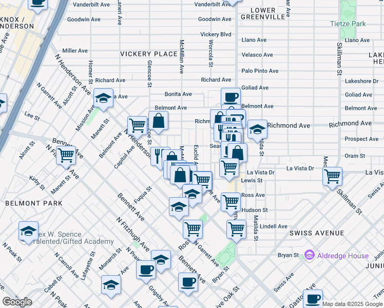 map of restaurants, bars, coffee shops, grocery stores, and more near 1917 Euclid Avenue in Dallas