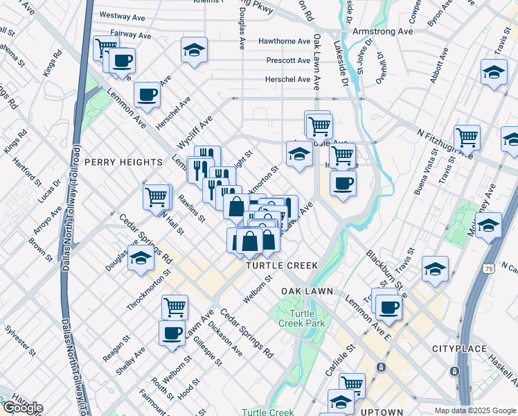 map of restaurants, bars, coffee shops, grocery stores, and more near 3633 Reagan Street in Dallas