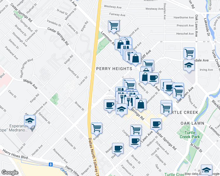 map of restaurants, bars, coffee shops, grocery stores, and more near 3101B Wycliff Avenue in Dallas