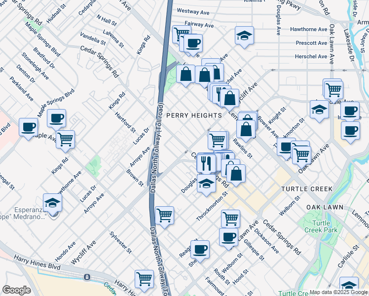 map of restaurants, bars, coffee shops, grocery stores, and more near 3101B Wycliff Avenue in Dallas
