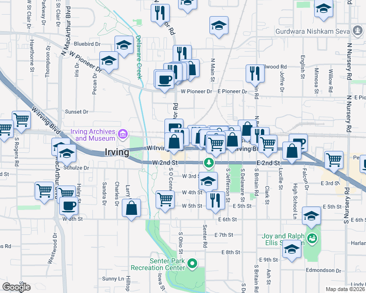 map of restaurants, bars, coffee shops, grocery stores, and more near in Irving