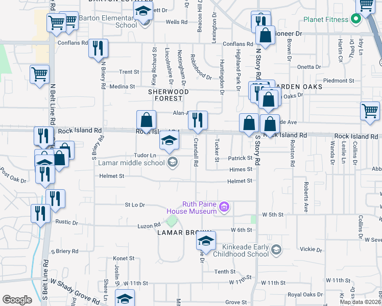 map of restaurants, bars, coffee shops, grocery stores, and more near 2711 Tudor Lane in Irving